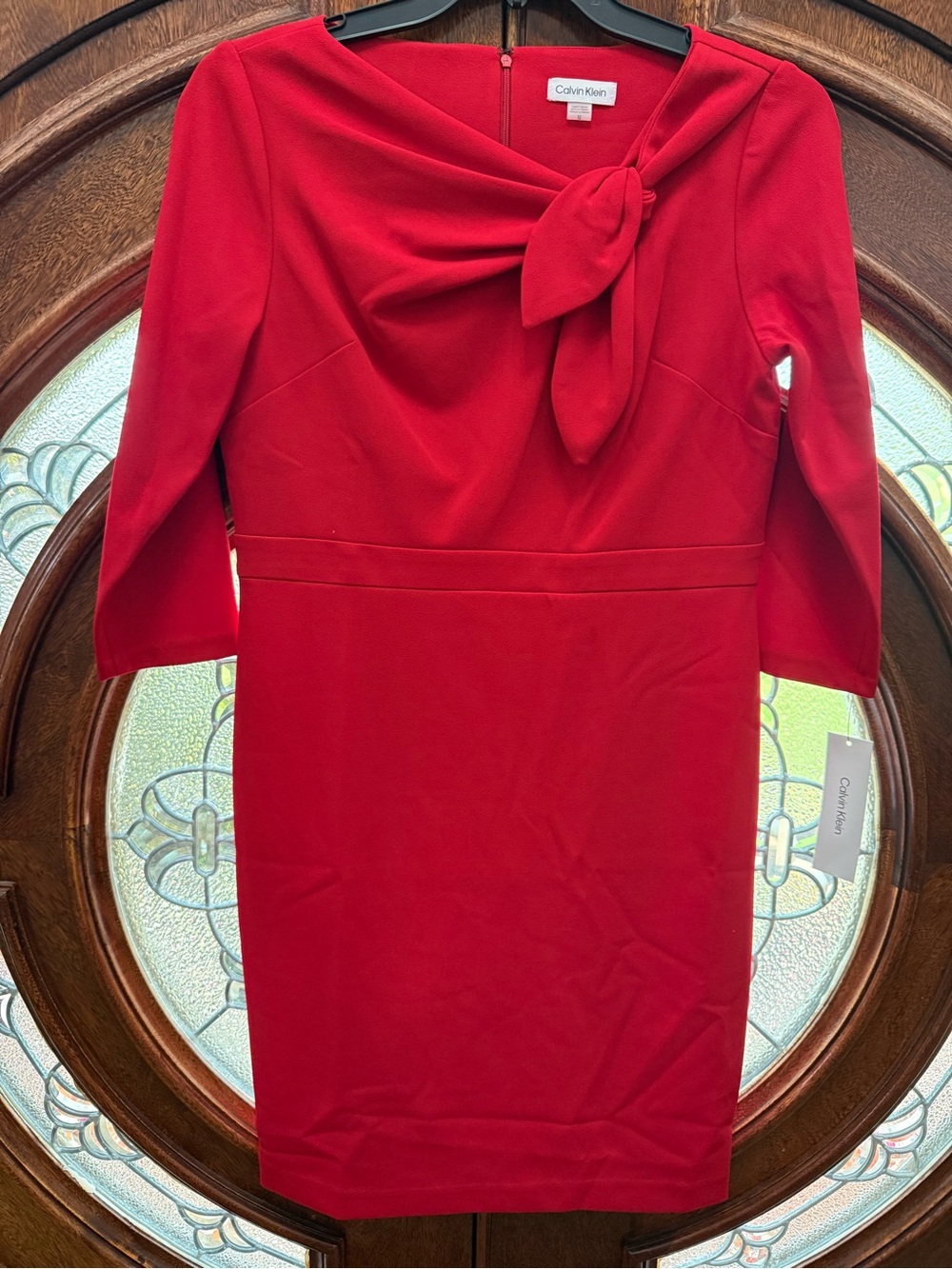 Calvin Klein Red Midi Sheath Dress with Knot Neck